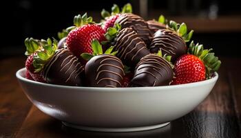 ai generiert Schokolade eingetaucht Erdbeere, ein Süss Genuss auf Tabelle generiert durch ai foto