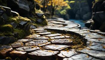 ai generiert Herbst Wald, Grün Blätter, Gelb Bäume, fließend Wasser generiert durch ai foto