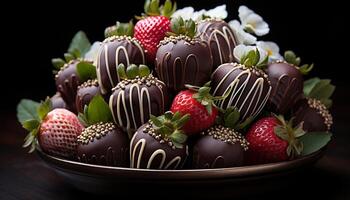 ai generiert Schokolade eingetaucht Erdbeere, ein Süss Genuss auf Teller generiert durch ai foto