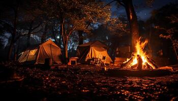 ai generiert Camping im Natur, Feuer glühend, Entspannung und Zusammengehörigkeit generiert durch ai foto