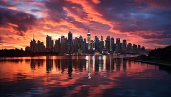 ai generiert Stadtbild beim Sonnenuntergang, Wolkenkratzer reflektieren im Dämmerung Wasser generiert durch ai foto