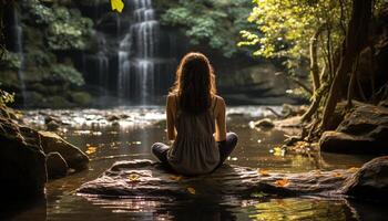 ai generiert jung Frau meditieren im still Wald durch Wasser generiert durch ai foto