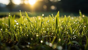 ai generiert frisch Grün Gras im das Wiese, beschwingt und nass generiert durch ai foto