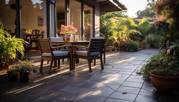 ai generiert hölzern Stuhl auf ein Terrasse umgeben durch Blumen generiert durch ai foto