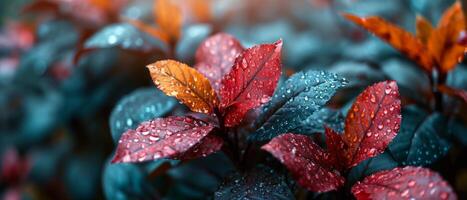 ai generiert beschwingt Blau und rot Blumen mit Wasser Tröpfchen foto