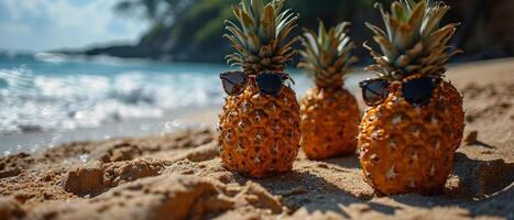 ai generiert Ananas mit Sonnenbrille genießen ein Strand Tag foto