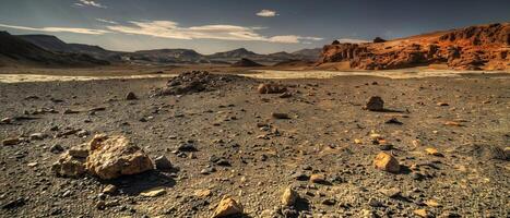 ai generiert majestätisch Wüste Landschaft mit Felsen und Berge foto