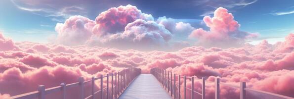 ai generiert Brücke zu das Himmel inmitten Rosa Wolken foto