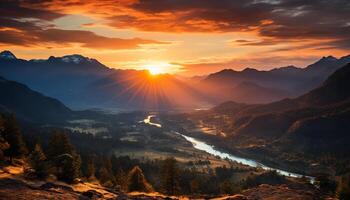 ai generiert majestätisch Berg Gipfel spiegelt Sonnenuntergang im still Wiese generiert durch ai foto