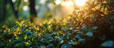 ai generiert Morgen Sonnenlicht Filter durch das Laub, Gießen ein warm glühen auf das taugetränkt Blätter im ein friedlich Garten foto