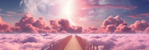 ai generiert Brücke zu das Himmel inmitten Rosa Wolken foto