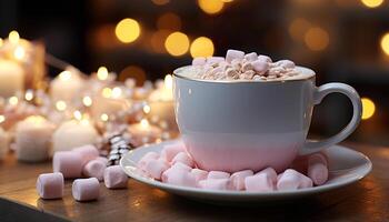 ai generiert heiß Schokolade und Marshmallows auf ein gemütlich Tabelle generiert durch ai foto