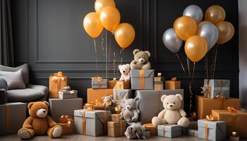 ai generiert süß Teddy Bär Sitzung auf bunt Geburtstag Paket generiert durch ai foto