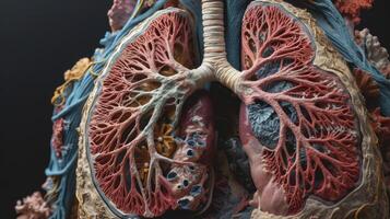 ai generiert ein schließen Untersuchung von Lunge Strukturen Enthüllung Feinheiten und Atemwege Wunder foto