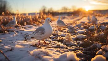 ai generiert Möwe fliegend Über still Küste beim Sonnenuntergang generiert durch ai foto