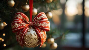 ai generiert Weihnachten Baum dekoriert mit glänzend Ornamente und Beleuchtung generiert durch ai foto
