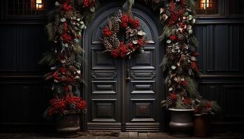 ai generiert Winter Kranz auf rustikal hölzern Tür, feiern Natur generiert durch ai foto