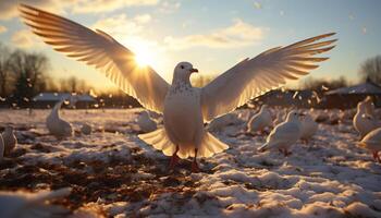 ai generiert Möwe fliegend im Winter Schnee, Symbol von Freiheit generiert durch ai foto