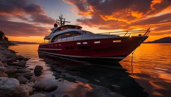 ai generiert Sonnenuntergang Über still Gewässer, Yacht Segel in Dämmerung generiert durch ai foto