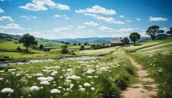 ai generiert Grün Wiese, Blau Himmel, Gelb Gänseblümchen, alt Bauernhaus generiert durch ai foto