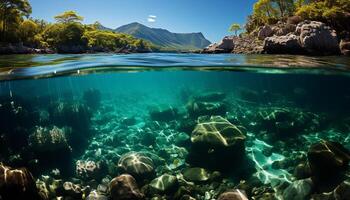 ai generiert unter Wasser Abenteuer Fisch schwimmen im tropisch Blau Riff generiert durch ai foto