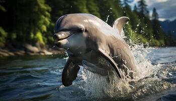 ai generiert spielerisch Delfin planschen im das Blau Wasser generiert durch ai foto