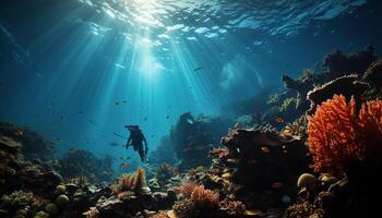 ai generiert Tauchen in Blau Wasser, erkunden unter Wasser Schönheit generiert durch ai foto