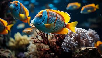 ai generiert bunt Clown Fisch Schwimmen im beschwingt Koralle Riff generiert durch ai foto