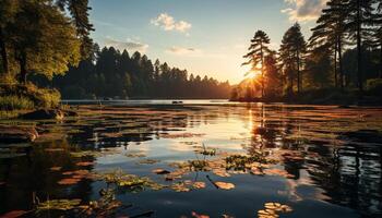 ai generiert still Szene von Sonnenuntergang spiegelt auf Wasser generiert durch ai foto