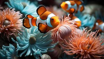 ai generiert bunt Clown Fisch schwimmen im ein beschwingt unter Wasser Riff generiert durch ai foto