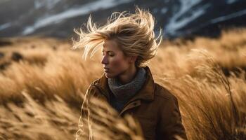 ai generiert jung Frau im warm Kleidung genießt das Schönheit von Herbst draußen generiert durch ai foto