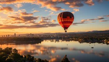 ai generiert heiß Luft Ballon fliegend Über Stadtbild beim Sonnenuntergang generiert durch ai foto