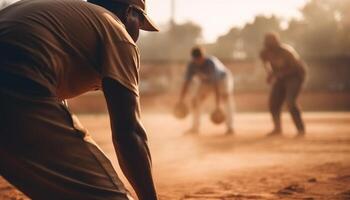 ai generiert ein Gruppe von Menschen genießen ein spielerisch Sonnenuntergang Lauf zusammen generiert durch ai foto