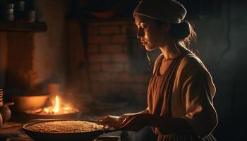 ai generiert jung Frau Kochen im ein dunkel Küche, vorbereiten Essen mit Konzentration generiert durch ai foto