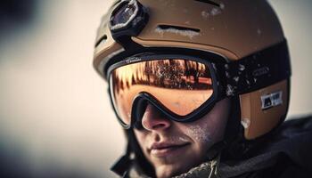 ai generiert ein jung Erwachsene tragen Ski Brille genießt ein extrem Winter Sport generiert durch ai foto