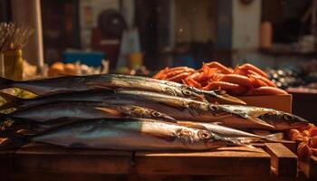 ai generiert frisch Meeresfrüchte beim das Fisch Markt, ein Gourmet Mahlzeit wartet generiert durch ai foto