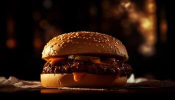 ai generiert gegrillt Rindfleisch Burger auf ein rustikal hölzern Tisch, bereit zu Essen generiert durch ai foto