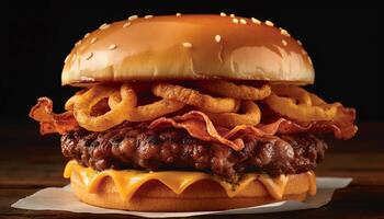 ai generiert gegrillt Rindfleisch Burger auf ein hölzern Tisch, bereit zu Essen und hausgemacht generiert durch ai foto