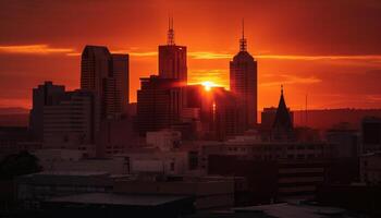 ai generiert beschwingt Stadt Horizont beleuchtet durch Sonnenuntergang, reflektieren modern Geschäft die Architektur generiert durch ai foto