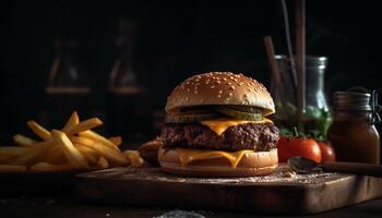 ai generiert gegrillt Rindfleisch Burger auf hölzern Tisch, ein köstlich ungesund Snack generiert durch ai foto