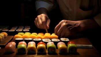 ai generiert ein Teller von frisch Sushi, fachmännisch gerollt, bereit zu Essen Delikatesse generiert durch ai foto