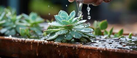 ai generiert Hand Pflege jung Pflanze mit Wasser Tröpfchen foto