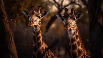ai generiert Giraffe im Natur, schließen oben Porträt, suchen beim Kamera, Stehen generiert durch ai foto