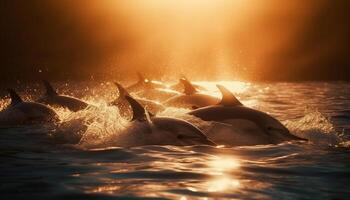 ai generiert ein spielerisch Delfin planschen im das Blau unter Wasser Meer generiert durch ai foto