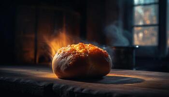 ai generiert frisch gebacken Brot auf ein hölzern Tisch, ein köstlich hausgemacht Mahlzeit generiert durch ai foto