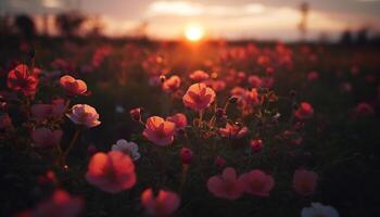 ai generiert Natur Schönheit im ein Wiese beschwingt Blumen unter das Sonnenuntergang generiert durch ai foto