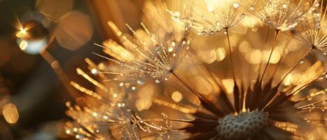 ai generiert Löwenzahn Saat juwelengeschmückt mit Wasser Tröpfchen im das warm glühen von Sonnenlicht foto