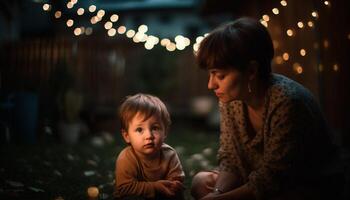 ai generiert ein glücklich Familie, Umarmen Liebe, spielen draußen, genießen Winter Natur generiert durch ai foto