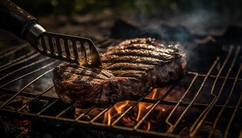 ai generiert gegrillt Fleisch auf ein Grill, ein köstlich Sommer- Picknick Mahlzeit generiert durch ai foto