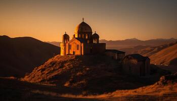 ai generiert Sonnenuntergang Silhouette von ein uralt Kapelle, ein majestätisch Platz von Anbetung generiert durch ai foto